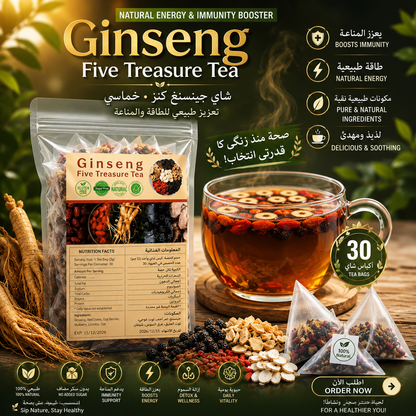 🌿 شاي الجينسنغ بالكنوز الخمسة | Ginseng Five Treasure Tea 🍵✨