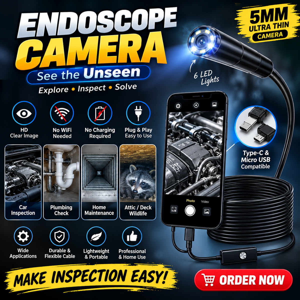 كاميرا فحص بمنظار داخلي 5 مم 🔍 | Endoscopy Camera 5mm